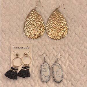 Francesca's Gold and Black Tassel Earrings Gold Tone Dangle  Set of 3 Fashion